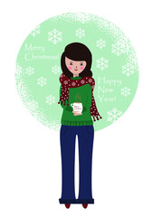 Illustration postcard christmas girl with a mug of cocoa in her hands