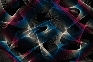 Abstract background illustration of multicolored fractal spiral lines on a black background.