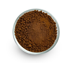 Instant coffee powder with glass bowl isolated on white background ,include clipping path