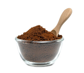 Instant coffee powder with glass bowl and wooden spoon isolated on white background