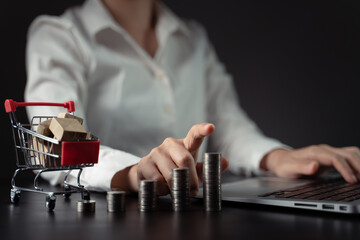 Close up shot of woman typing on laptop with mini shopping cart and coins stack.