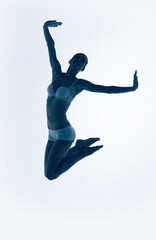 Fototapeta na wymiar silhouette of blue jumping ballet dancer