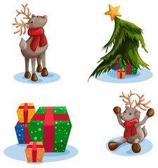 image of a Christmas set consisting of reindeer, Christmas tree and gift boxes.