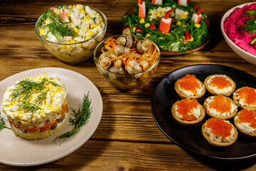 Christmas dinner set of food on a wooden table