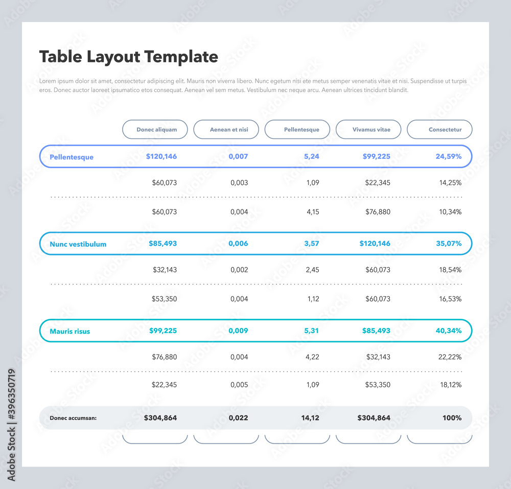 Poster Modern business table layout template with the total sum row and place for your content. Flat design, easy to use for your website or presentation.