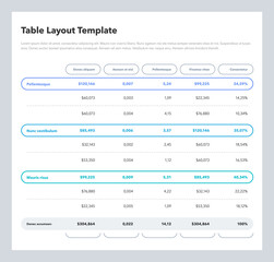 Modern business table layout template with the total sum row and place for your content. Flat design, easy to use for your website or presentation.