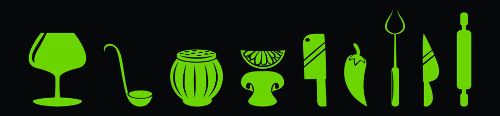 set of kitchen tools cartoon icon design template with various models. vector illustration isolated on black background