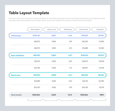Modern business table layout template with the total sum row and place for your content. Flat design, easy to use for your website or presentation.