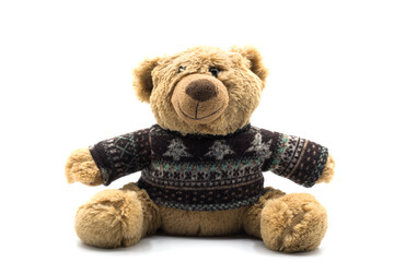 Closeup of traditional teddy bear sitting on white background