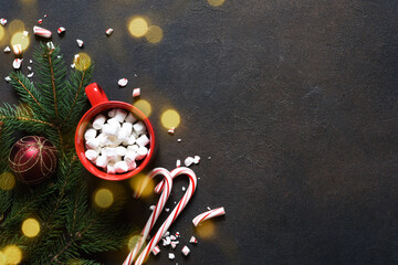 Hot chocolate with marshmallows. Hot winter drink. New year decoration.