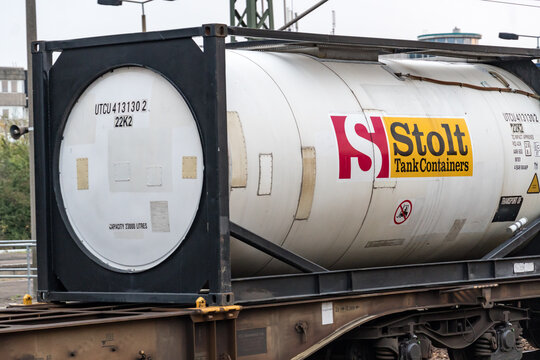 Berlin, Germany - November 13, 2019: Rail freight transport. Stolt Tank Container (STC) on a train