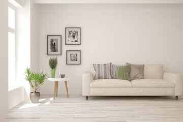 White living room with sofa. Scandinavian interior design. 3D illustration