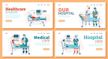 Obraz na płótnie Canvas Medical banner set - cartoon doctor and patient at hospital bed. Healthcare clinic website template collection, flat vector illustration collection.