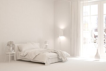 Modern bedroom in white color. Scandinavian interior design. 3D illustration