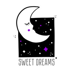 Cute vector doodle, hand drawn illustration with sleeping moon character and night sky with stars. Sweet dreams card.