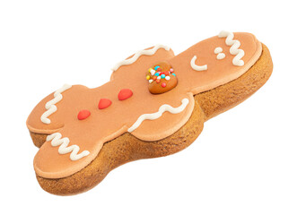 Gingerbread man cookie isolated on white background.  Christmas gingerbread pastry close up. .