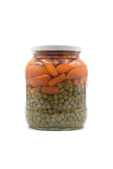 Closeup of organic peas and carrots in a transparent container on white background