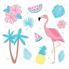 Set of tropical leaves, cute summer icons, watermelon bird Flamingo, tropical flowers and pineapple