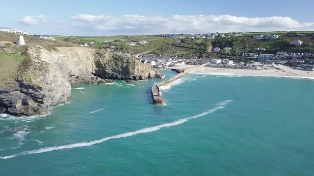 Turquoise Waters And Tranquil Landscape Of Portreath Cornwall In Summer - aerial wide shot
