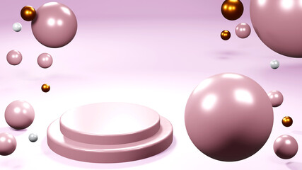 3D Rendering of Colorful spheres of balls on pink background.