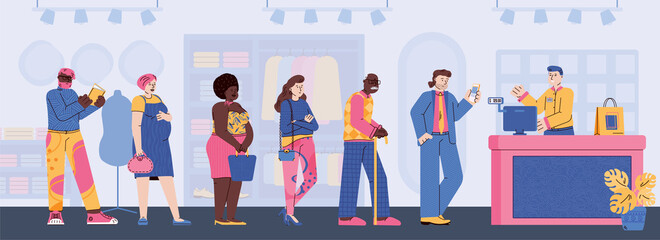 People characters standing in queue to cashier counter, flat cartoon vector illustration. Different men and women waiting in line for service in cloth store.