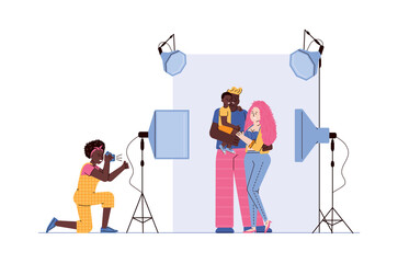 Professional family photographer shooting marriage couple in studio. Family photo session services, flat cartoon vector illustration isolated on white background.