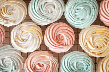 Colorful meringue or beze cookies with a wooden stick on the white background - obrazy, fototapety, plakaty