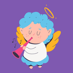 Cute Christmas angel with trumpet vector cartoon character isolated on background.