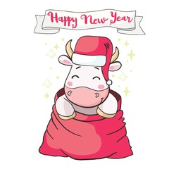 Cute bull wearing Santa Claus hat symbol of 2021 chinese new year, illustration for christmas card.