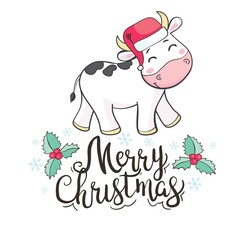 Cute Cartoon Bull in Santa hat on a blue background