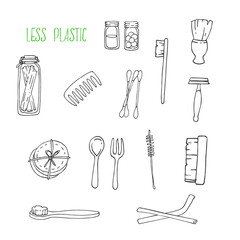 Hand drawn vector illustration of zero waste concept. Eco outline clipart for print, card, textil design. Set of less plastic objects. Reusable, wood, bamboo, washable objects for everyday use