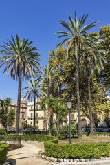 Park Villa near Cathedral of Palermo - 30,000 m2 Public Park founded in second half of XIX century. Park Villa characteristic are lush palm trees. Palermo, Sicily, Italy.