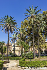 Fototapeta premium Park Villa near Cathedral of Palermo - 30,000 m2 Public Park founded in second half of XIX century. Park Villa characteristic are lush palm trees. Palermo, Sicily, Italy.