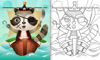 coloring book for kids with a cute pirate raccoon character illustration on the ship