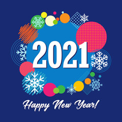2021 A Happy New Year congrats concept. Geometric style logotype. Abstract isolated graphic design template. White digits, text, decorative set of elements, blue backdrop. Creative round decoration.