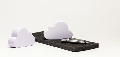 Cloud data storage solution model, cloud remote server file storing, sharing, internet drive storage technology solutions symbol, abstract concept White cloud props and an usb flash drive infographic
