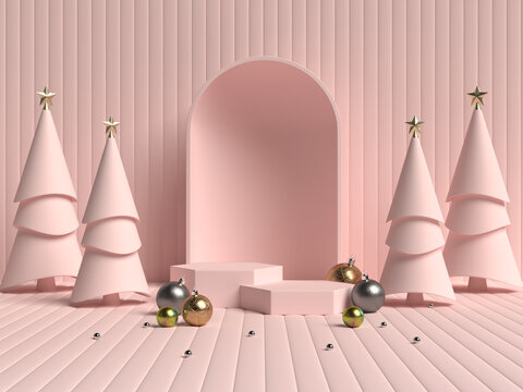 3D rendering of Abstract scene geometry shape podium with Santa claus and friends for Product Display on pink pastel background. Empty space Product display for advertisement