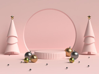 3D rendering of Abstract scene geometry shape podium with Santa claus and friends for Product...