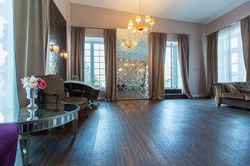 Luxury hotel room interior.