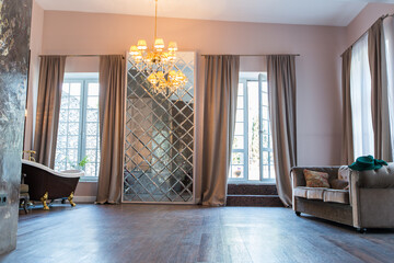 Luxury hotel room interior.