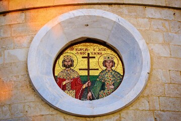 Beautiful mosaic of Saint Constantine and Helen outside a Greek orthodox church in Athens, Greece, February 29 2020.