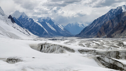 High mountain landscape. Upper part of North Engilchek Glacier. Central Tian Shan, Kazakhstan - Kyrgyzstan - China.
