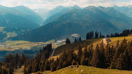 Beautiful alpine summer view with the Hohe Tauern mountains at the famous Panoramabahn Kitzbueheler Alpen, Salzburg, Austria