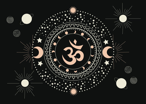 Vector illustration of omm sing in the center of the solar system, among the sun and planets, yoga symbol