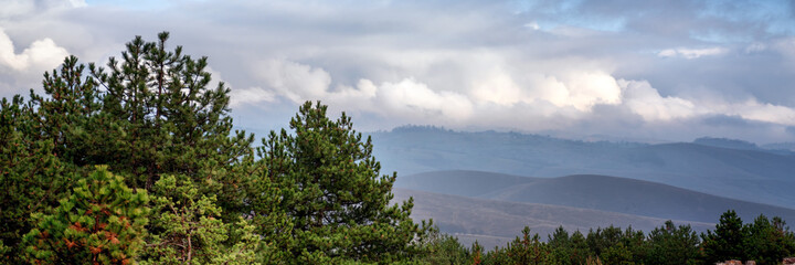 Obraz premium Beautiful gorgeous mountain landscape with pine forest hills and cloudy sky, banner format