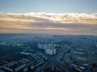 Aerial drone flight over Kiev, haze over the city. Autumn morning.