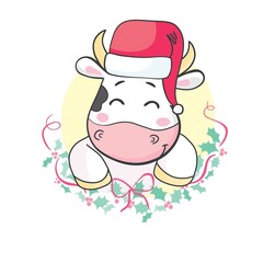 Cute bull wearing Santa Claus hat symbol of 2021 chinese new year, illustration for christmas card.