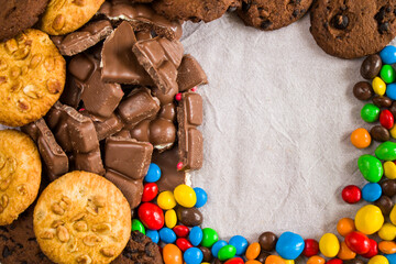 Chocolate candy on the white background, colorful candy texture.