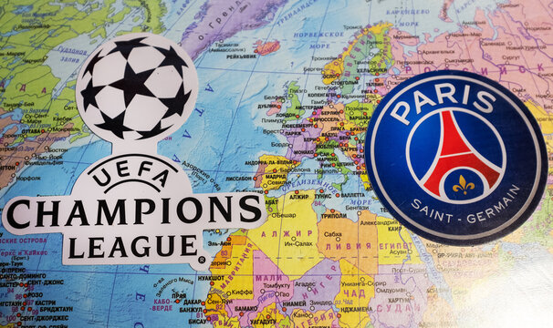 August 20, 2020 Lisbon, Portugal. The emblems of the 2019/2020 UEFA Champions League finalist Paris Saint-Germain F.C. against the background of the map of Europe.
