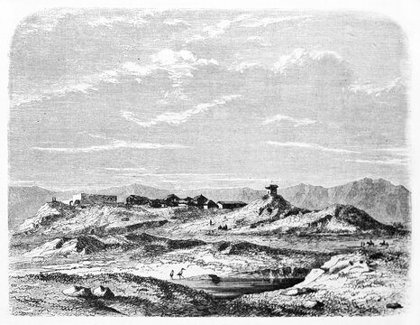 Khorsabad (formerly Dur-Sharrukin: Fortress of Sargon), Antique Assyrian capital, North Iraq, on a desertic barren landscape. Ancient grey tone etching style art by Flandin, Le Tour du Monde, 1861